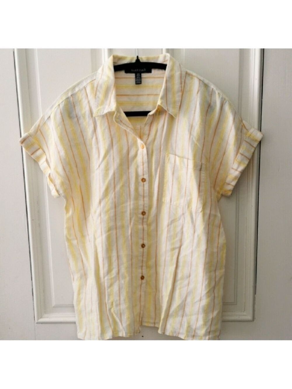 Ellen Tracy 100% Linen Yellow Striped Button Down Boxy Beachy Blouse. Size M